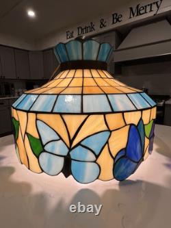 Vintage Tiffany Style Ceiling Lamp Blue Tan Green Butterfly Flower 18.25D 13H