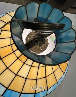 Vintage Tiffany Style Ceiling Lamp Blue Tan Green Butterfly Flower 18.25D 13H