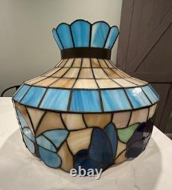Vintage Tiffany Style Ceiling Lamp Blue Tan Green Butterfly Flower 18.25D 13H