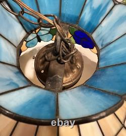 Vintage Tiffany Style Ceiling Lamp Blue Tan Green Butterfly Flower 18.25D 13H