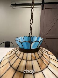 Vintage Tiffany Style Ceiling Lamp Blue Tan Green Butterfly Flower 18.25D 13H