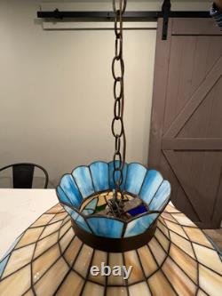 Vintage Tiffany Style Ceiling Lamp Blue Tan Green Butterfly Flower 18.25D 13H