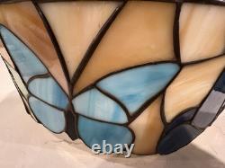 Vintage Tiffany Style Ceiling Lamp Blue Tan Green Butterfly Flower 18.25D 13H