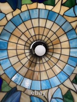Vintage Tiffany Style Ceiling Lamp Blue Tan Green Butterfly Flower 18.25D 13H