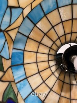 Vintage Tiffany Style Ceiling Lamp Blue Tan Green Butterfly Flower 18.25D 13H