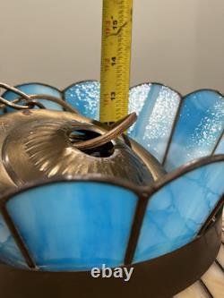 Vintage Tiffany Style Ceiling Lamp Blue Tan Green Butterfly Flower 18.25D 13H