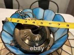 Vintage Tiffany Style Ceiling Lamp Blue Tan Green Butterfly Flower 18.25D 13H