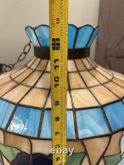 Vintage Tiffany Style Ceiling Lamp Blue Tan Green Butterfly Flower 18.25D 13H