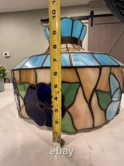 Vintage Tiffany Style Ceiling Lamp Blue Tan Green Butterfly Flower 18.25D 13H
