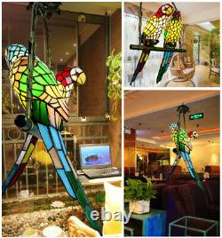 Vintage Tiffany Style Ceiling Light Stained Glass Parrot 2 Bird Shade Chandelier