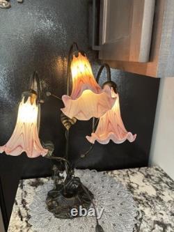 Vintage Tiffany Style Girl On Swing Lamp 3 Arm Frosted Glass Pink Tulip Shades
