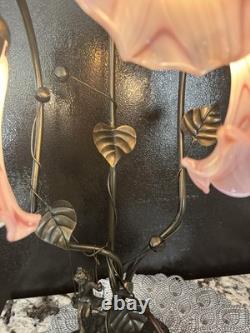 Vintage Tiffany Style Girl On Swing Lamp 3 Arm Frosted Glass Pink Tulip Shades