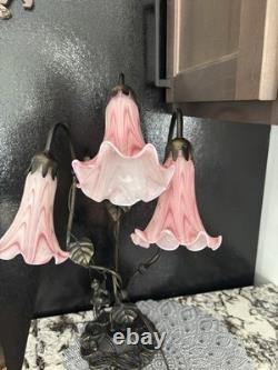 Vintage Tiffany Style Girl On Swing Lamp 3 Arm Frosted Glass Pink Tulip Shades