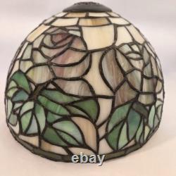 Vintage Tiffany Style Lamp Shade Stained Slag Glass Floral Roses Pink Green 10