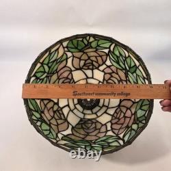 Vintage Tiffany Style Lamp Shade Stained Slag Glass Floral Roses Pink Green 10