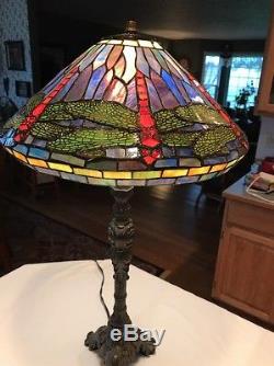 Vintage Tiffany Style Leaded / Stained Glass Mosaic Lampshade with Dragonflies