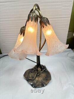 Vintage Tiffany Style Lily Pad Table Lamp 3 Arm Pink Frosted Glass Tulip Shades