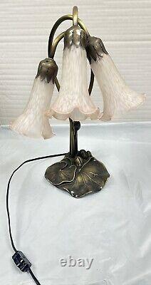 Vintage Tiffany Style Lily Pad Table Lamp 3 Arm Pink Frosted Glass Tulip Shades