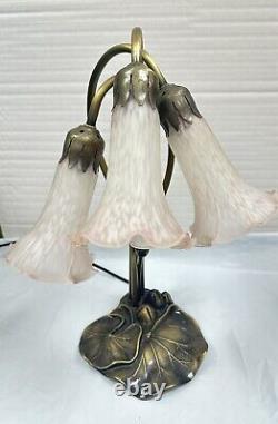 Vintage Tiffany Style Lily Pad Table Lamp 3 Arm Pink Frosted Glass Tulip Shades