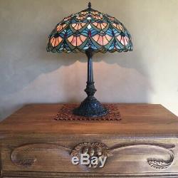 Vintage Tiffany Style Peacock Feather Design Large Stained Glass Lamp Shade Only