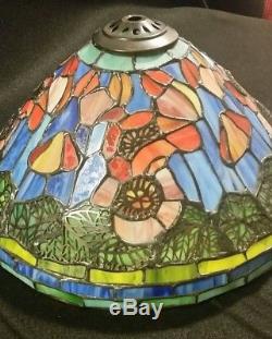 Vintage Tiffany Style Poppy Stained Glass Leaded Lamp Shade orange, blue, green