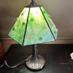 Vintage Tiffany Style Slag Tall Green Real Stained Glass Shade Table Lamp 15.5