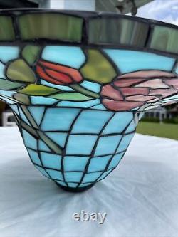 Vintage Tiffany Style Stained Glass Lamp Shade Blue Roses Bell Shaped 17