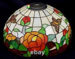 Vintage Tiffany Style Stained Glass Lamp Shade Flowers Leaves Roses Butterfly