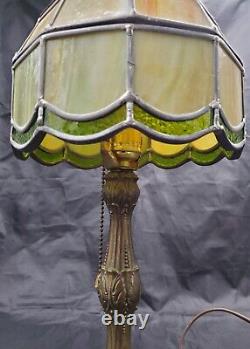 Vintage Tiffany Style Stained Glass Lamp with Bronze Base 16 Tall Green/Beige