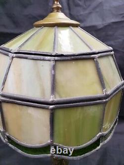 Vintage Tiffany Style Stained Glass Lamp with Bronze Base 16 Tall Green/Beige