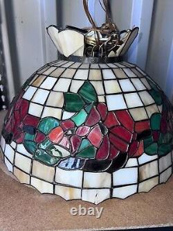 Vintage Tiffany-Style Stained Glass Large 24 Hanging Lamp Shade Cracks 00501010