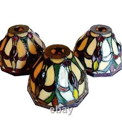 Vintage Tiffany Style Stained Glass Slag Lamp Shade Bell Shaped Set Of 3 Pendant