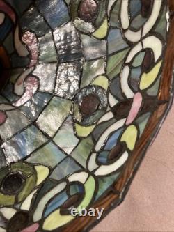 Vintage Tiffany style stained glass lamp shade/16round X 10/Pink Blue Green