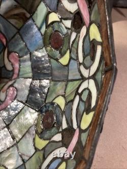 Vintage Tiffany style stained glass lamp shade/16round X 10/Pink Blue Green