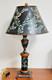 Vintage Tole Hand-painted Tin & Ceramic Lamp & Tin Shade Black 27 Birds & Vine