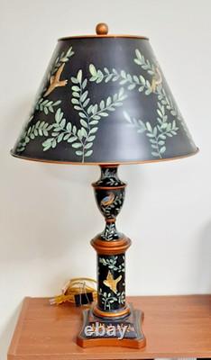 Vintage Tole Hand-Painted Tin & Ceramic Lamp & Tin Shade Black 27 Birds & Vine