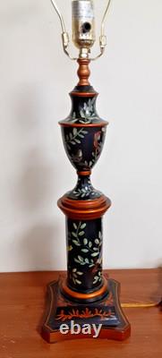 Vintage Tole Hand-Painted Tin & Ceramic Lamp & Tin Shade Black 27 Birds & Vine