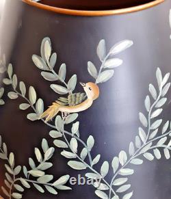Vintage Tole Hand-Painted Tin & Ceramic Lamp & Tin Shade Black 27 Birds & Vine
