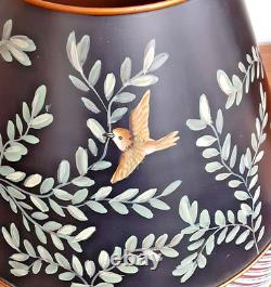 Vintage Tole Hand-Painted Tin & Ceramic Lamp & Tin Shade Black 27 Birds & Vine