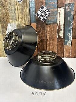 Vintage Tole Toleware Metal Black Gold Trim Lamp Shade 14 wide 5 tall Lot Of 2