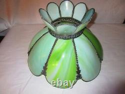 Vintage Tulip Bent Slag Glass 8 Panel Lamp Shade, Swag Hanging, Green
