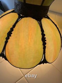 Vintage Tulip Stained Slag Glass Lamp Shade & Bulb, Swag Hanging Pendant Green