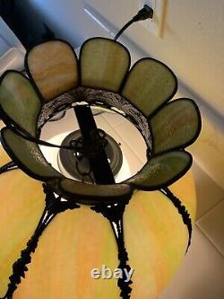 Vintage Tulip Stained Slag Glass Lamp Shade & Bulb, Swag Hanging Pendant Green