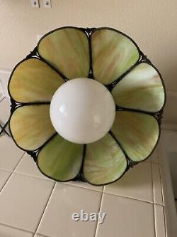 Vintage Tulip Stained Slag Glass Lamp Shade & Bulb, Swag Hanging Pendant Green