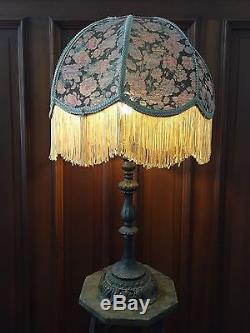 Vintage VICTORIAN Floral LAMP SHADE Fringe Cording STEAMPUNK Large Antique Light