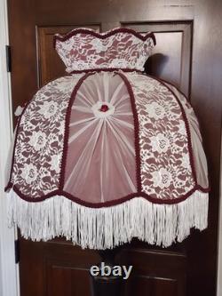 Vintage Victorian Art Deco LARGE 23 HANDMADE Maroon White Lace Lamp Shade