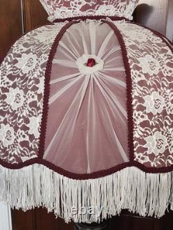 Vintage Victorian Art Deco LARGE 23 HANDMADE Maroon White Lace Lamp Shade