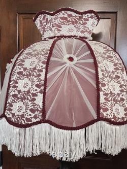 Vintage Victorian Art Deco LARGE 23 HANDMADE Maroon White Lace Lamp Shade