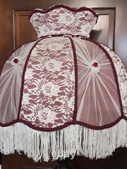 Vintage Victorian Art Deco LARGE 23 HANDMADE Maroon White Lace Lamp Shade