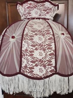 Vintage Victorian Art Deco LARGE 23 HANDMADE Maroon White Lace Lamp Shade